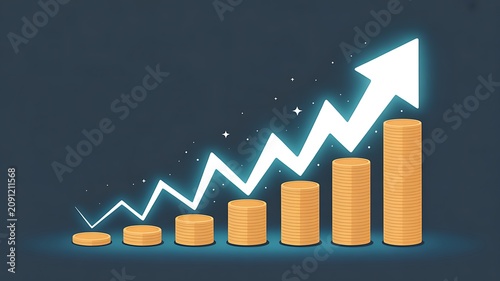 Financial growth concept with a rising white arrow over stacks of gold coins against a dark blue background, representing investment success