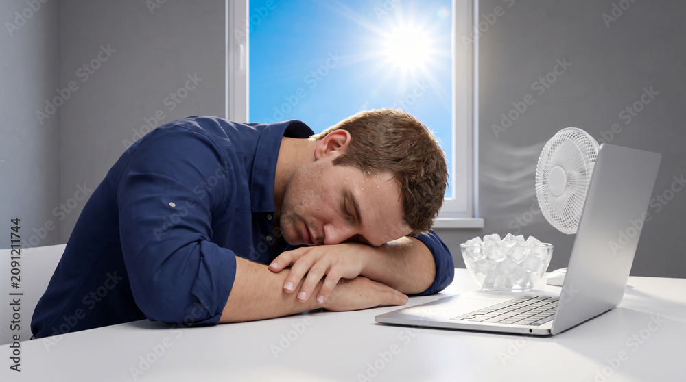 Fototapeta premium Heat wave extreme climate weather tired man desk fan laptop ice bright sun creative concept. Global warming crisis emergency. hot summer high temperature, drought