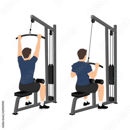 Man Performing Lat Pulldown Exercise on Cable Machine. Flat vector illustration isolated on white background