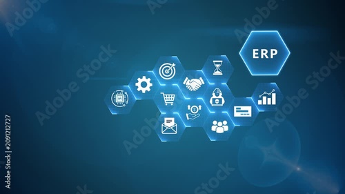 ERP Infographic Animation with Enterprise Resource Planning Icons and Digital Business Technology on Blue Background 4k visuals