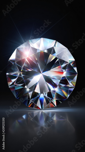 A brilliantly cut diamond with facets and exquisite clarity shimmers on a reflective surface against a dark backdrop, displaying its radiant beauty.