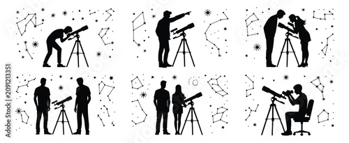 Fotografie People Observing Stars Silhouettes with Telescope and Constellations for Astrono