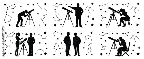 Fotografie People Observing Stars Silhouettes Featuring Telescope, Constellations, and Cele