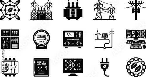 Foto Set of electricity and energy system icons and illustrations