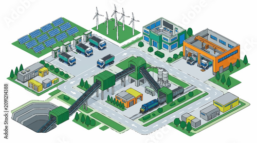 Foto Industrial Park with Various Buildings Vehicles.