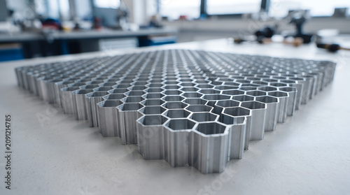 Large aluminum honeycomb core panel on laboratory table industrial manufacturing technology research and development geometric metallic grid pattern perspective view engineering facility.