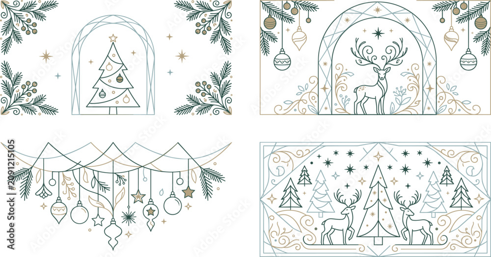 Fototapeta premium Christmas Festive Line Art Elements Set with Ornaments, Pine Branches, Reindeer, and Holiday Trees