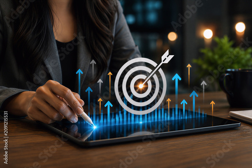 Businesswoman using tablet with target and growth arrows for business goals and success
