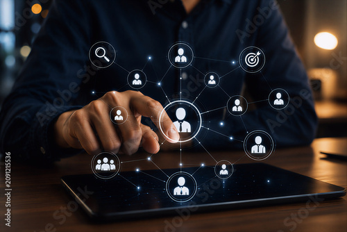 Business network on tablet with connected people for teamwork and communication