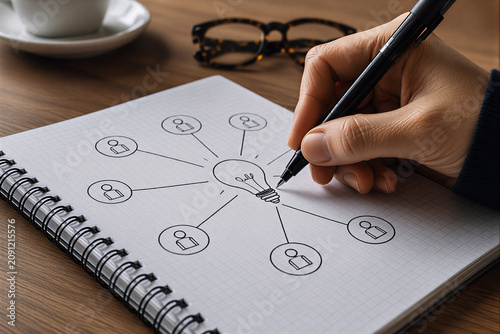 Hand drawing light bulb and people network for teamwork and idea sharing