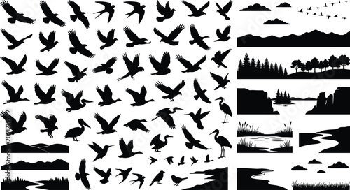 Flock of birds in flight black shapes set with nature scenery horizons rivers mountains and cloud silhouettes