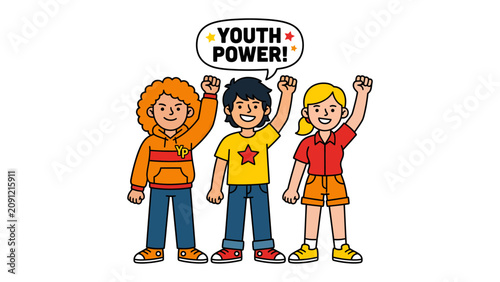 Schilderij op canvas Youthful Revolution: Three energetic young people stand together with raised fists, embodying the spirit of Youth Power and inspiring a movement of change