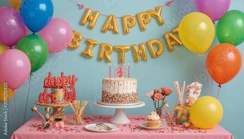 Celebrate a Birthday Party With Cake, Balloons, and Decorations in a Bright Room