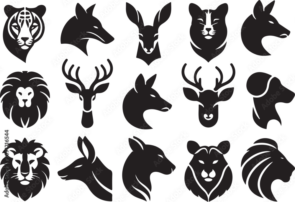 Obraz premium Collection of stylized animal head vector icons in silhouette for graphic design projects