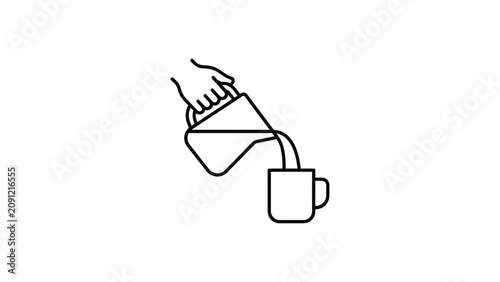 Minimalist continuous line drawing of a hand pouring liquid into a coffee cup.