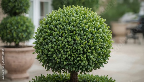 Bushes Shaped Like Balls in a Garden Show Greenery and Texture on a Sunny Day...