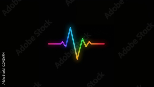 Colorful Heartbeat Line on Black Background Shows the Rhythm of Life and Ener...