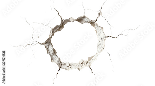 Foto A circular hole with cracked edges on a concrete wall, revealing depth and destruction
