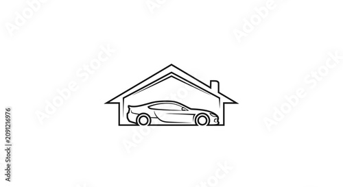 Car in a garage line drawing.