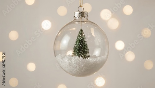 Miniature Green Christmas Tree on Snowy Surface With Blurred Lights in Backgr...