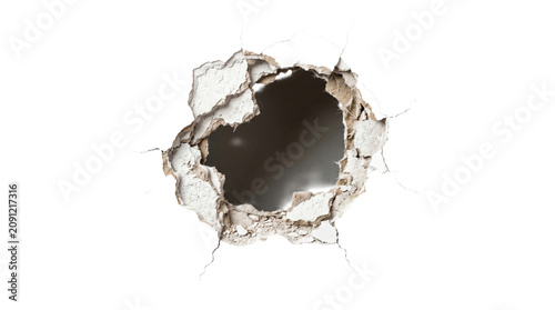 Bild auf Leinwand Circular breach in white plaster wall with dark interior cavity isolated on transparent background png
