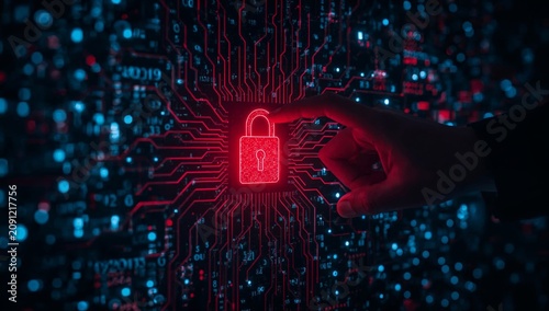 Technology is Shown With a Hand Interacting With a Digital Lock on a Circuit ...