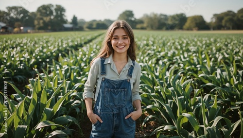 Young Girl Stands in Cornfield Smiling During Daytime in Summer