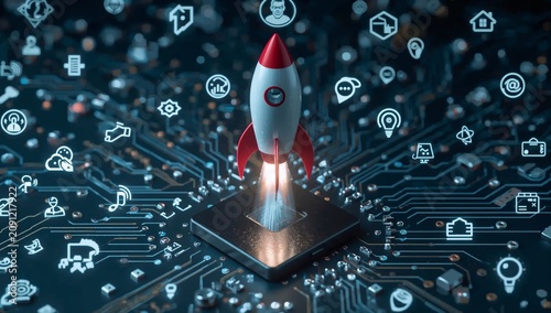 Rocket Launches With Data Icons on a Circuit Board Background During a Digita...