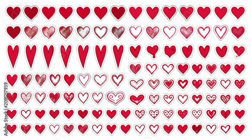 Hand Drawn Textured Red Hearts Artistic Love Symbols Sheet