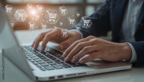 Person Shops Online Using Laptop at Home Office