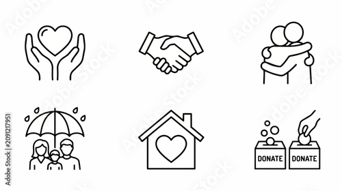 Community Care Support and Humanitarian Charity Line Icons Set