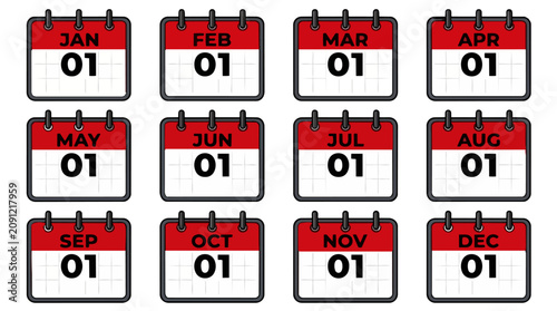 Weekly and Monthly Corporate Red Banner Calendar Badge Icons Grid