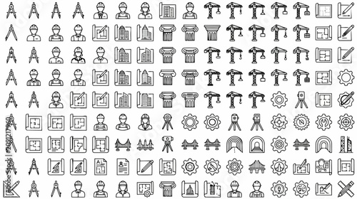 Architecture and Building Construction Blueprint Technical Line Icons Grid