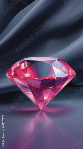 A luminous pink diamond radiates its vibrant color and exquisite facets against a backdrop of softly draped fabric, showcasing its brilliance and elegance.