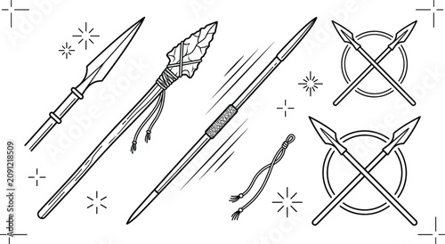 Tableau sur toile Ancient spears weapon vector line art set with tribal stone lance crossed javeli