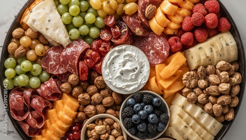 Charcuterie Board With Fruits, Meats, Nuts and Sauces Arranged on a Tray