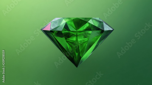 A flawlessly cut and brilliantly faceted green emerald gemstone shimmers against a soft green gradient background, showcasing its exquisite clarity and brilliance.