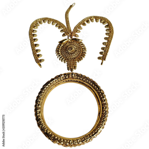 Quadro su tela Decorative gold bow and flower brooch isolated on transparent background