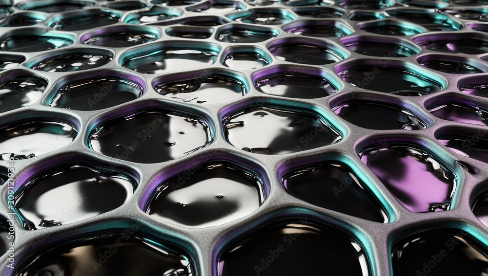 Fototapeta premium Abstract voronoi cell lattice filled with liquid chrome metal fluid network