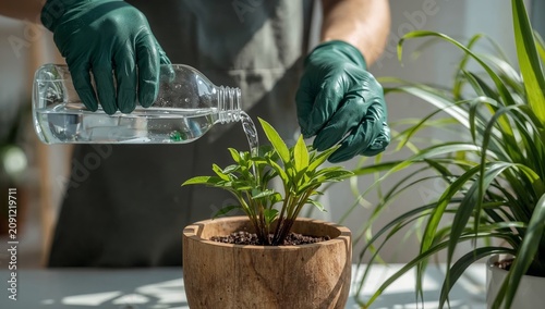 Person Waters a Small Plant in a Pot During a Bright Day in a Garden or Works...