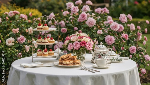 Delicious Treats Displayed on a Table in a Garden With Many Flowers in Spring...