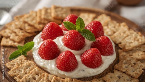 Fresh Strawberries Arranged on Yogurt With Crackers in a Kitchen Setting