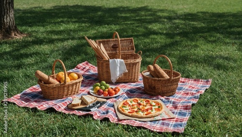 Picnic Setup With Food and Drinks on a Blanket in a Park on a Sunny Day