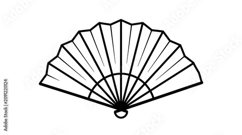 Handheld folding fan black outline on white background simple line drawing