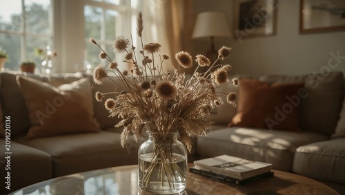 Decorative Dried Plants in a Glass Vase on a Table in a Cozy Living Room Sett...