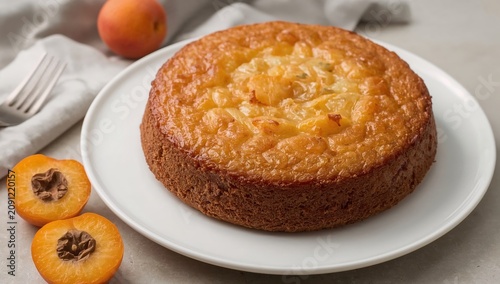 Freshly Baked Cake With Apricots on a White Plate Next to Whole Fruit in Natu...