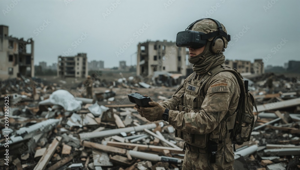 Fototapeta premium Soldier Uses Virtual Reality Headset in a Destroyed Urban Area During a Military Operation