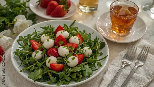 Fresh Salad With Strawberries and Tea on a Table During Bright Afternoon