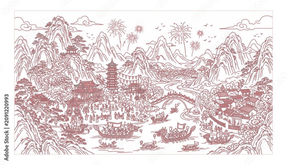 Obraz premium Chinese new year celebration scene with dragon boats and fireworks