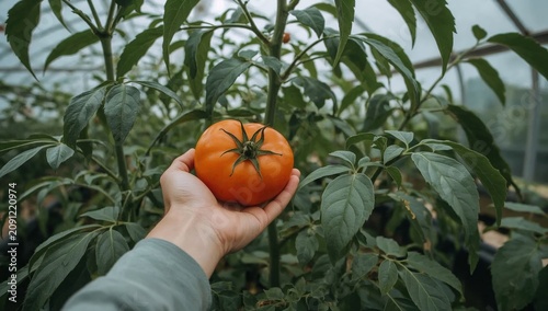 Hands Hold Ripe Tomato in Greenhouse With Green Plants Around